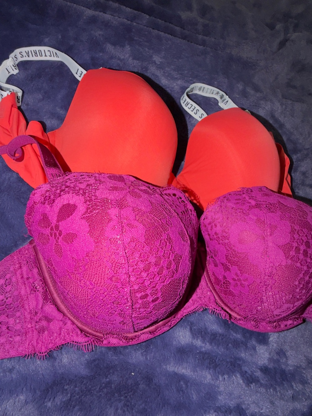 Victoria's Secret Hot Pink Lace & Coral Push-Up Bra Duo
